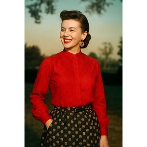 Roberta Lee An Original 50s Red Paisley Satin Western Wear Button Down Blouse